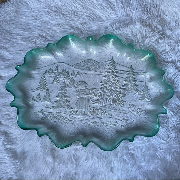 Mikasa Vintage Christmas Story Green Edge Spruce Glass Oval Canapé Walther Glas - Picture 1 of 8